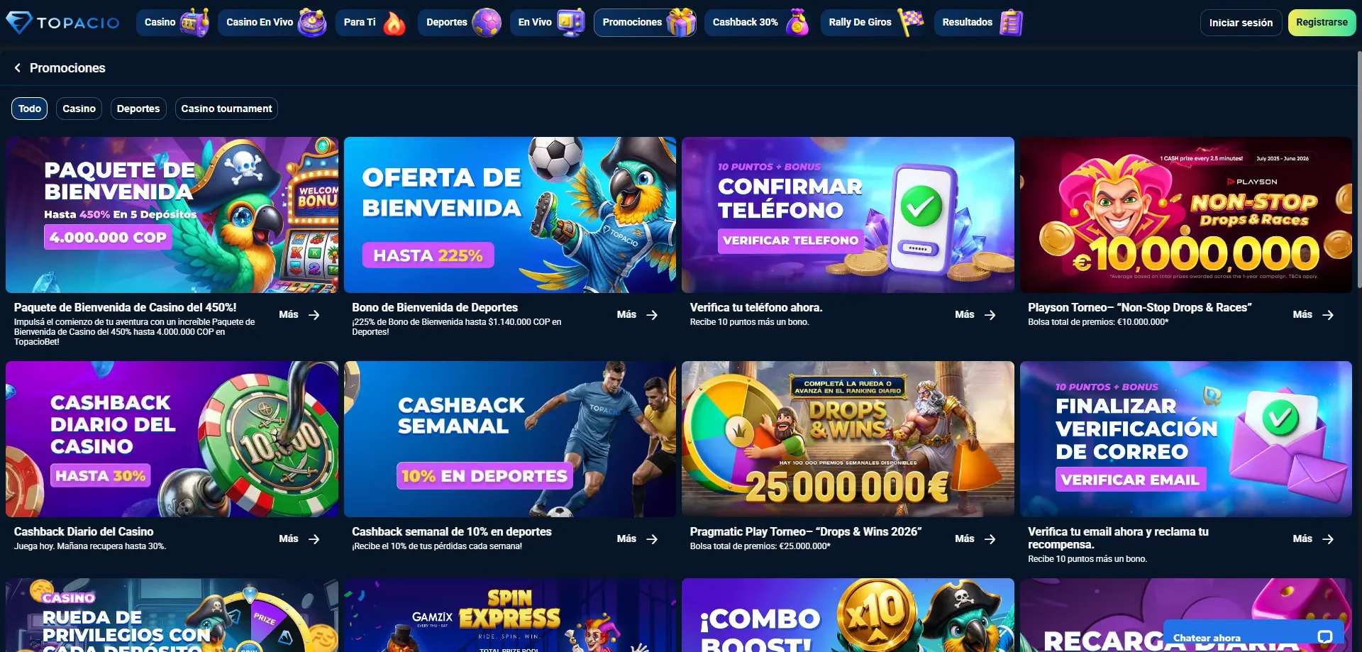 Bono de bienvenida Topacio Casino — $150.000 ARS más 50 giros gratis