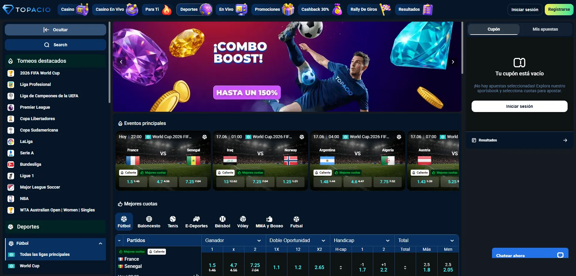 Apuestas deportivas en Topacio Casino — fútbol, tenis y más mercados